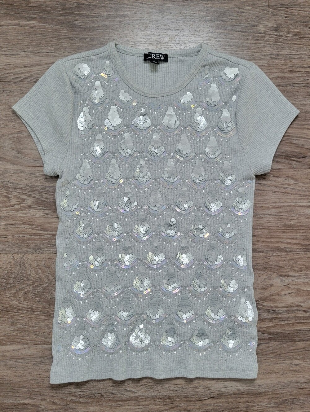 J Crew Sequin T Shirt Gray & Silver Embellished Ribbed Slim Fit Cotton Modal MD - Picture 4 of 11